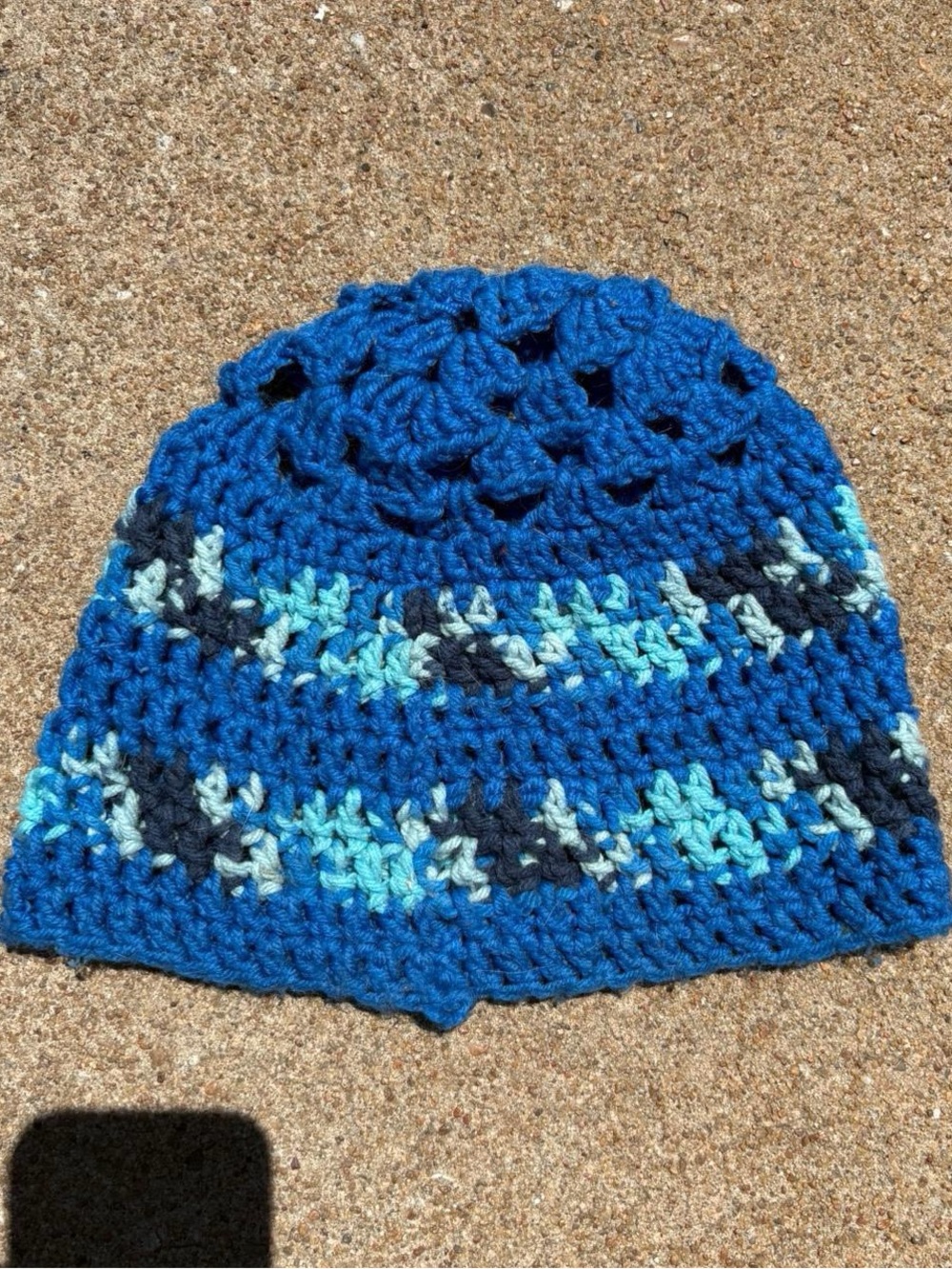 Handmade unisex cotton/acrylic blend blue and white crocheted oversized beanie